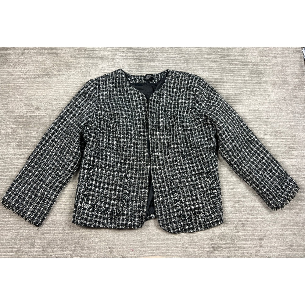 George Woman Jacket Women 22W/24W Black White Tweed Plaid Open Front Fringe Trim